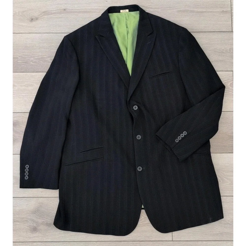 Cubavera Mens Blazer Suit Jacket Black Pinstripe Green Lining Size‎ 52L